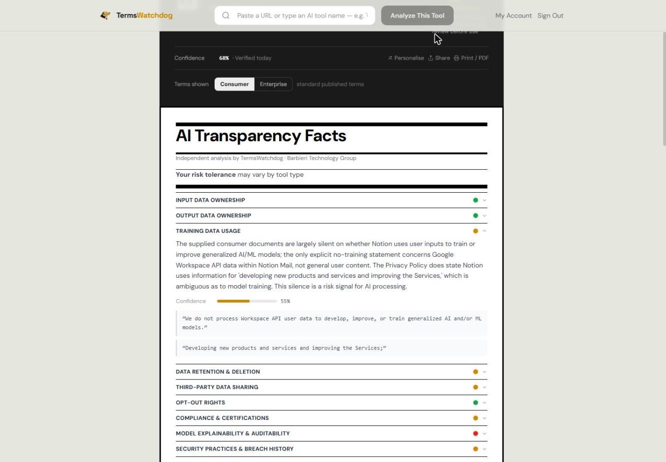 An expanded category showing a summary, a confidence meter and quotes from the policy